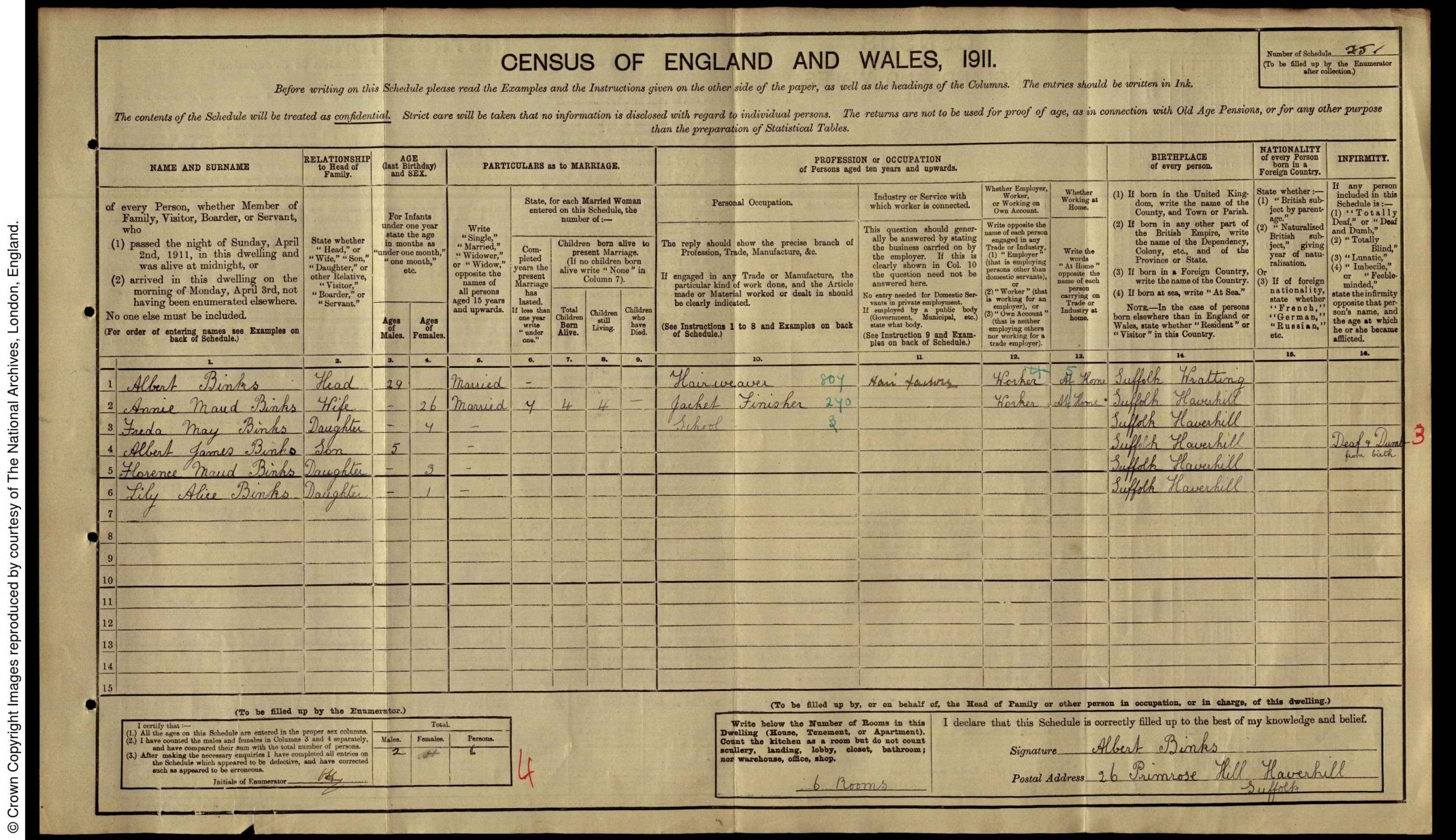 1911 Census record for the Binks family of Haverhill
