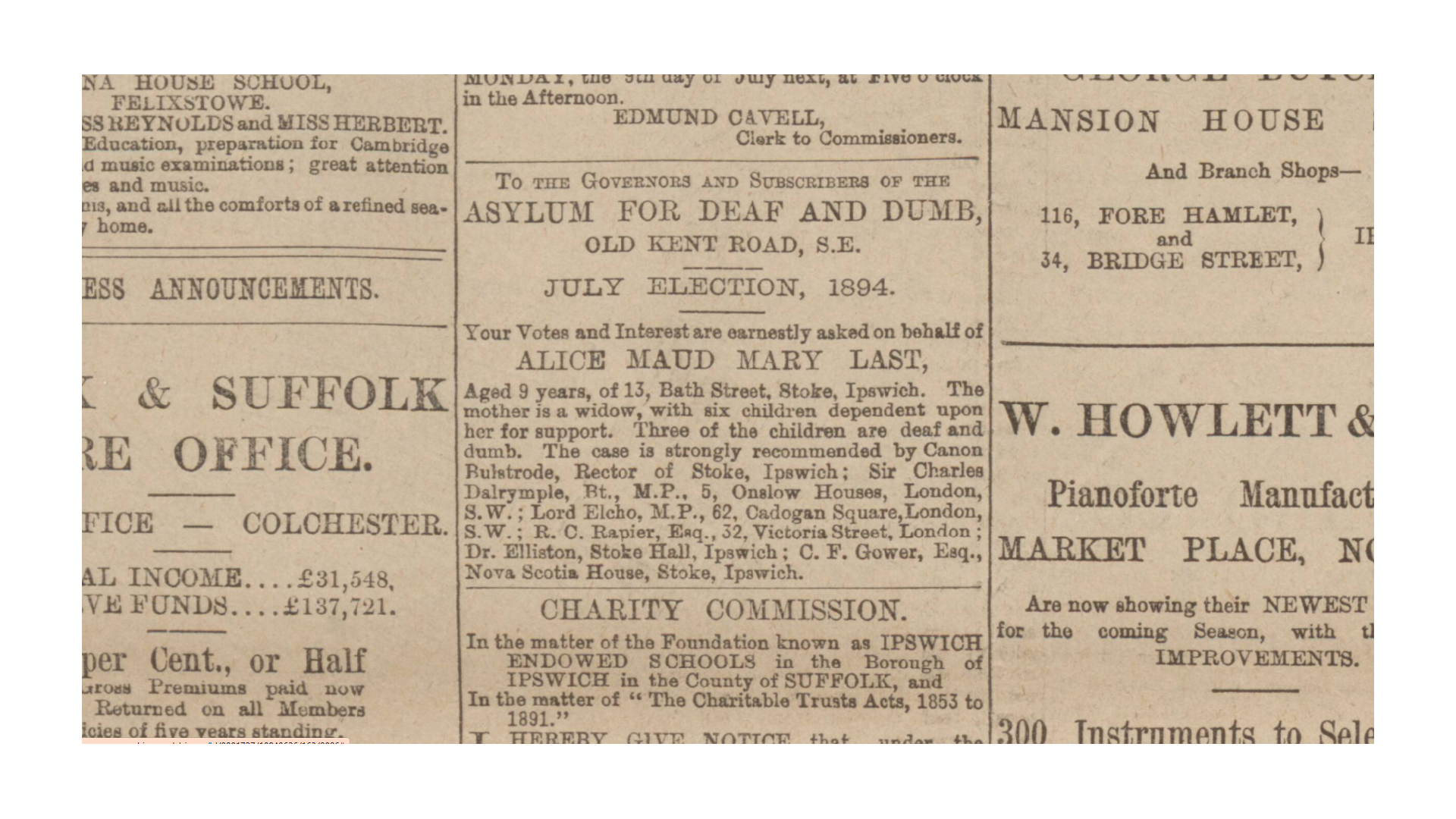 Newspaper notice asking for votes for Alice Last